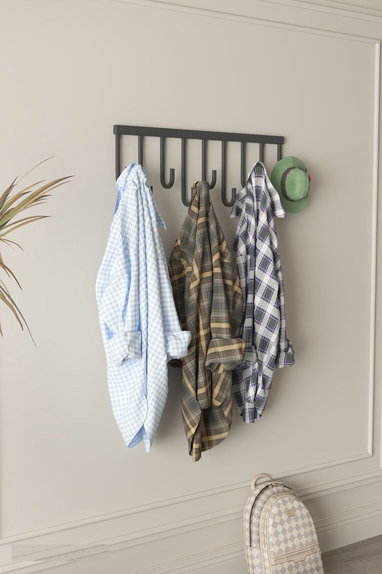 Wandmontage Kapstok - Decoratieve 9 Haken - IJzeren Muurkapstok - Metalen Kapstok - Kledinghanger - Wandgemonteerde hanger - 60 cm - Zwart
