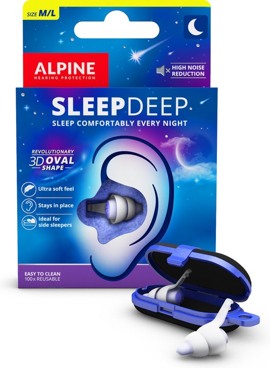 Alpine SleepDeep \u2013 Ear Plugs for Sleep - New 3D Oval Shape and Super Soft Reusable Noise Cancelling Ear Plugs - 27dB Noise Reduction - Ideal for Side Sleepers and Block Out Snoring (M/L)