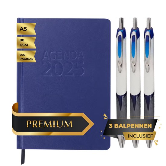 Maxenza Agenda 2025 – Agenda 2025 Volwassenen – Docentenagenda - A5 Formaat – Luxe Leather Look Editie – Harde Kaft – Met Leeslint – Inclusief 3 Balpennen – FSC®-gecertificeerd Papier – Elke Dag een Pagina - Blauw
