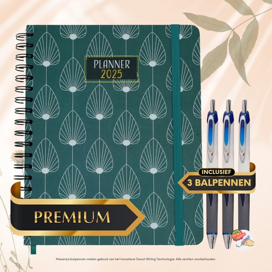 Maxenza Planner 2025 - Familie planner 2025 - Dagplanner - Familie Planner 2025 – Planner - Familie Planner - 25 x 20 cm – Inclusief 3 Balpennen en Stickervellen – FSC®-gecertificeerd Papier – Groen