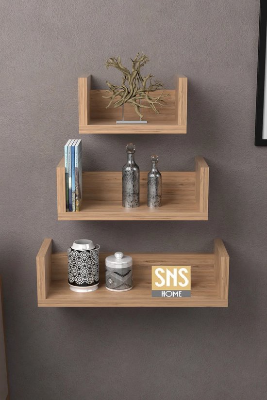Wandplank, Decoratieve U-plank, Wandplank in U-vorm, Set van 3, Zwevende Plank in Vintage Stijl, Wandmontage, Voor Decoratie, Woonkamer, Slaapkamer en Kantoor, Okkernoot