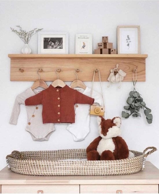 Natuurlijk massief - Houten Montessori Hangerrek - Wandhanger met Houten Planken - Kinderkamer Planken - 7 Haken - 70x10x14 cm