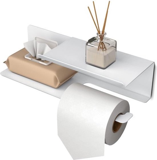 WC Rolhouder - Toiletpapier houder met plankje - Rolhouder voor Papierhanddoeken - Servethouder Badkamer Organizer - Dubbel Schap Toiletpapierhouder - 2mm RVS Staal - Poedercoating Wit