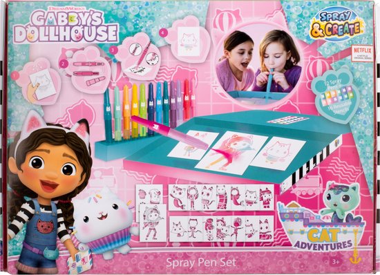 Gabby’s Dollhouse - Spray Pen Set Desktop Box (GD23368) - Kleurstiften voor Kinderen - Tekenset met Gekleurde Blaas Pennen en Tekensjablonen