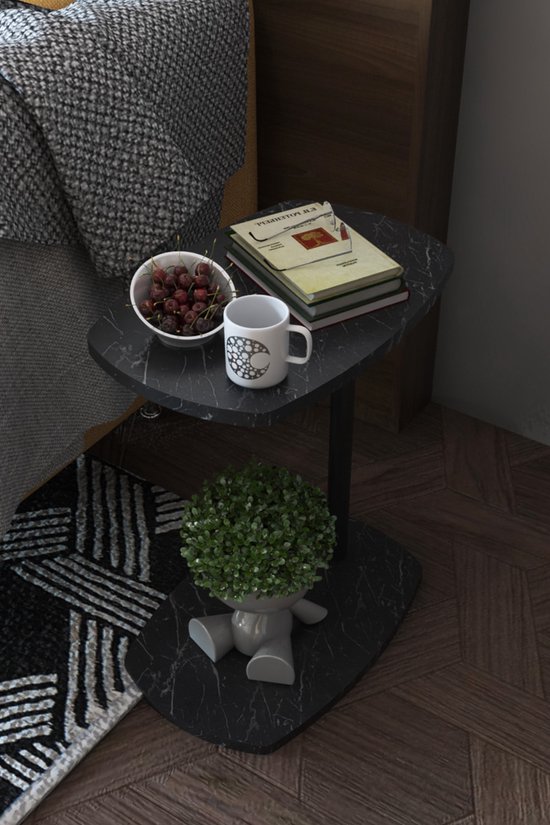 C Salontafel met Wielen - Banktafel - Bijzettafel - Salontafel - Serveertafel - Laptopstandaard op Wielen - Wiel C Tafel - Studiebureau - Notebook Computer Bureau - Ovale Bijzettafel - Omkeerbaar Gebruik - 45x30x60 cm - Zwart en Marmer