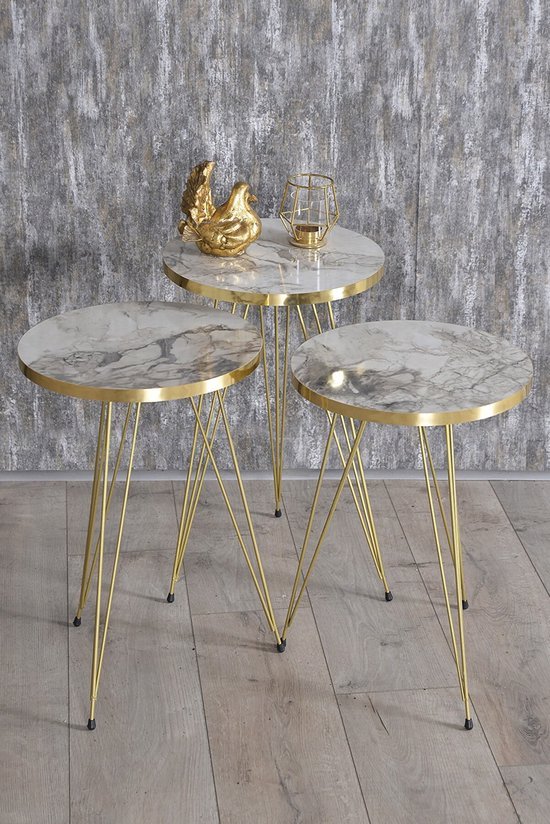 Nestly - Bijzettafel - Wit Marmerpatroon - Bijzettafels - Middentafelset - Set van 3 - Luxe Design - Bijzettafel - Bank - Woonkamertafel - 34X34 cm