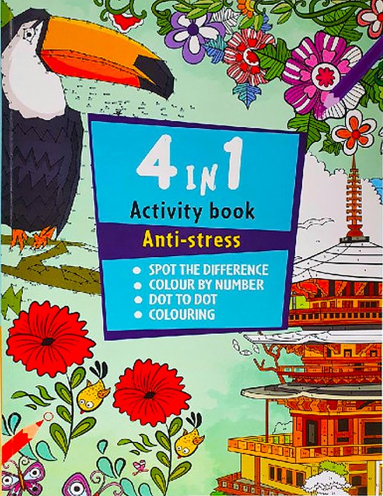 4 in 1 Activiteitenboek volwassenen - Kleurboek voor volwassen - Kleuren op nummer- Zoek de verschillen - Punt naar punt - Kleuren voor volwassenen - Dot to dot - ANTI STRESS kleur boek dieren bloemen vogels
