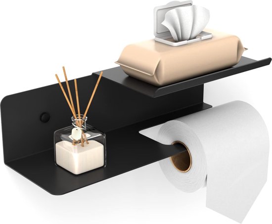 WC Rolhouder - Toiletpapier houder met plankje - Rolhouder voor Papierhanddoeken - Servethouder Badkamer Organizer - Dubbel Schap Toiletpapierhouder - 2mm RVS Staal - Poedercoating Zwart