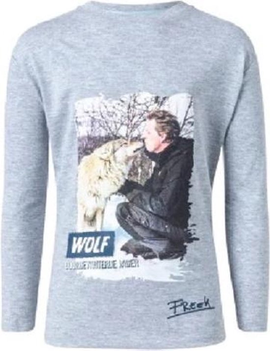 Freeks t-shirt met opdruk Freek Vonk en wolf Grijs - Maat 116-122