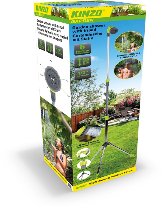Kinzo Verstelbare Tuindouche - ⌀56 x 160/220CM - Incl. Statief, Douchekop en Tuinslang Koppeling - Kunststof/Aluminium - Groen/Zilver