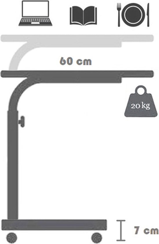 Bijzettafel - Tafeltje - Salontafels - Bedtafeltje met Wielen - Sidetable - Bijzettafels met Wielen - In Hoogte Verstelbare Laptopstandaard - Serveertafel - MDF Atlantisch Grenen (MET WIELEN) - Ovale Rand - 60x40 cm