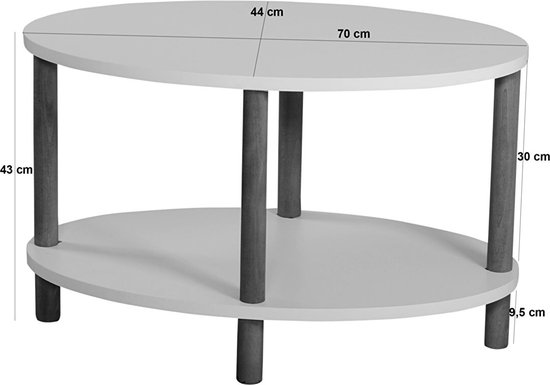 Ovaal Salontafel - Ovale Rand Bijzettafel - Salontafel met Houten Poten - Salontafel met Twee Niveaus - Salontafel met Krantenhouder - Atlantisch Grenen - 44 x 70 cm