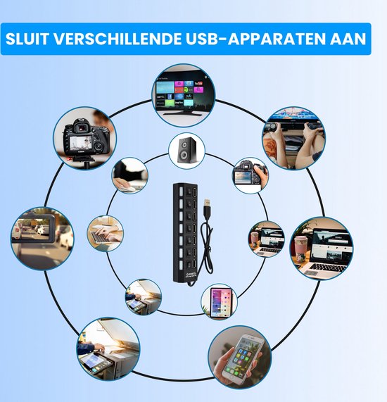 Maxenza USB Hub 2.0 - 7 USB Poorten - Kabel van 41 cm - AAN/UIT-schakelaar - Zwart - Extra verlengkabel 1,5 Meter met een Opbergzak