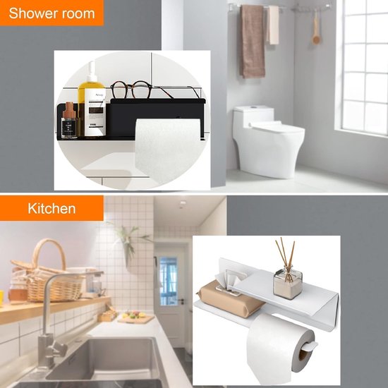 WC Rolhouder - Toiletpapier houder met plankje - Rolhouder voor Papierhanddoeken - Servethouder Badkamer Organizer - Dubbel Schap Toiletpapierhouder - 2mm RVS Staal - Poedercoating Wit