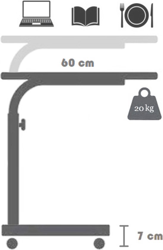 Bijzettafel - Tafeltje - Salontafels - Bedtafeltje met Wielen - Sidetable - Bijzettafels met Wielen - In Hoogte Verstelbare Laptopstandaard - Serveertafel - MDF Atlantisch Grenen (MET WIELEN) - Ovale Rand Witte Voet - 60x40 cm