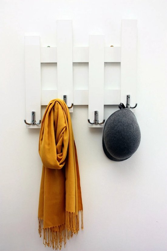 Kapstok - Muurhanger - Deurhanger voor Gang - Wandkapstok - Keuken en Badkamer - Mdf Wit Jas en Kledinghanger - 4x2 Metalen Haken