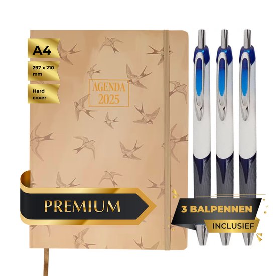 Maxenza Agenda 2025 – Agenda 2025 Volwassenen – A4 Formaat – Luxe Fine Feel Editie – Harde Kaft – Met Leeslint – Inclusief 3 Balpennen – FSC®-gecertificeerd Papier - Birds