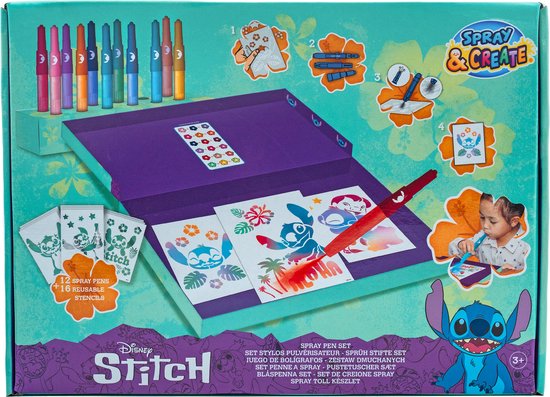 Stitch - Spray Pen Set Desktop Box (ST23368) - Disney Kleurstiften voor Kinderen - Tekenset met Gekleurde Pennen en Tekensjablonen
