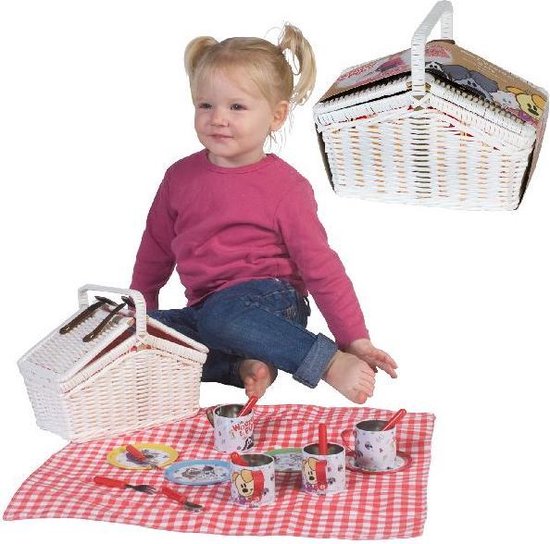 Woezel en Pip Picknickset - Serviesset - Tin - Mandje en kleedje - 4 kopjes en schoteltjes met lepeltjes en vorkjes