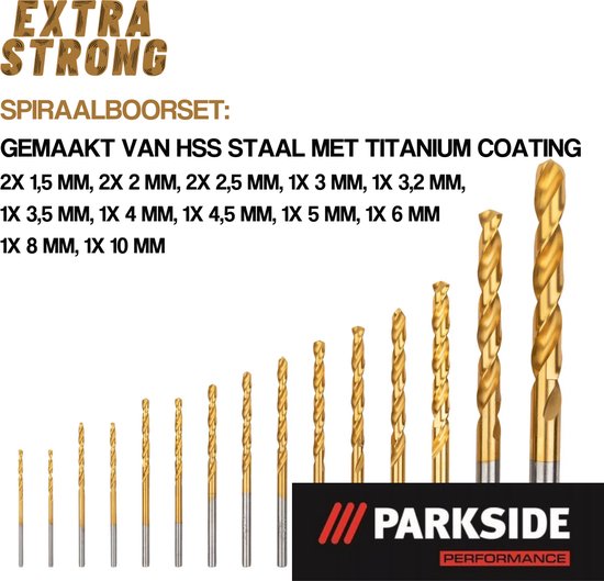 Parkside Performance HSS-Staalborenset Titaan Gecoat Voor Extreem Hoge Standtijden - Inclusief Opbergkoker van Kunstof - 15 delig