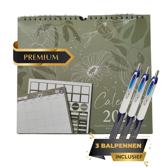 Maxenza Familieplanner 2025 - Familie planner 2025 - Familie Week Kalender 2025 – Wandkalender - Familie Planner - XXL Editie – 33 x 30 cm – Hangbaar – Inclusief 3 Balpennen – FSC®-gecertificeerd Papier - Mintgroen