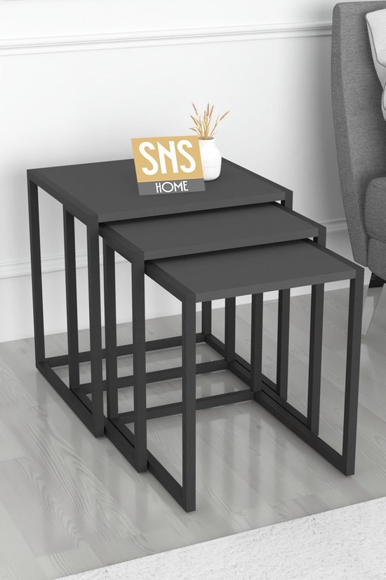 Set van 3 Houten en Metalen Bijzettafels - Perfect voor Moderne Elegantie en Functionaliteit - Salontafel - Bijzettafel - Antraciet