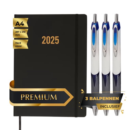 Maxenza Agenda 2025 – Agenda 2005 Volwassenen – A4 Formaat – Luxe Fine Feel Editie – Harde Kaft – Met Leeslint – Inclusief 3 Balpennen – FSC®-gecertificeerd Papier - Zwart