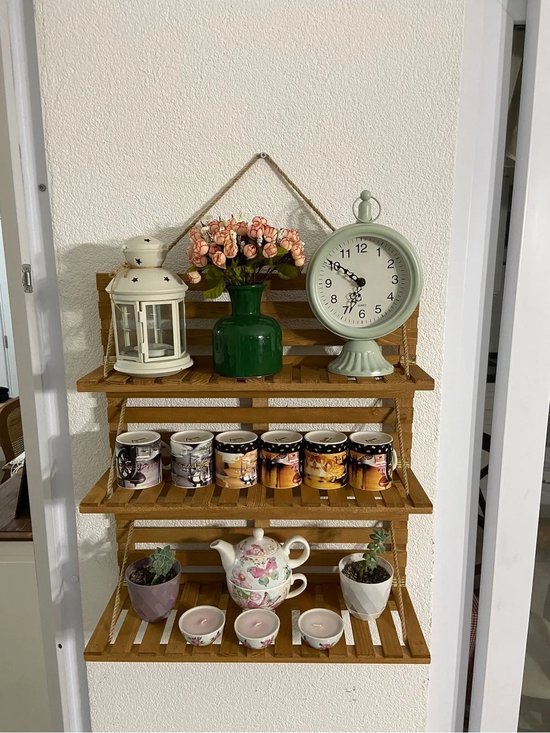 Rekken met drie planken van touw - Super Wandrek - Handdoekenrek - Bloemenstandaard - 3 Wandplanken - Decoratieve Wandplank van Natuurlijk Hout met Touw - 62x17cm