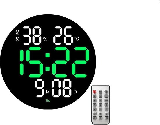 Maxenza Digitale Wandklok - Grote Wandklok LED - Cijferklok - Wandklok Thermometer Vochtigheidsmeter - 25,2 x 25,2 x 2,8 cm - Zwart