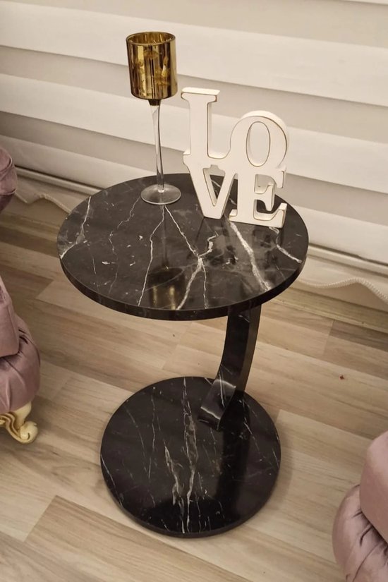 Bijzettafel - Bijzettafel met wielen - Bedtafeltje met Wielen - Tafeltje op Wieltjes - Ronde Bijzettafel - Zwart en Marmer