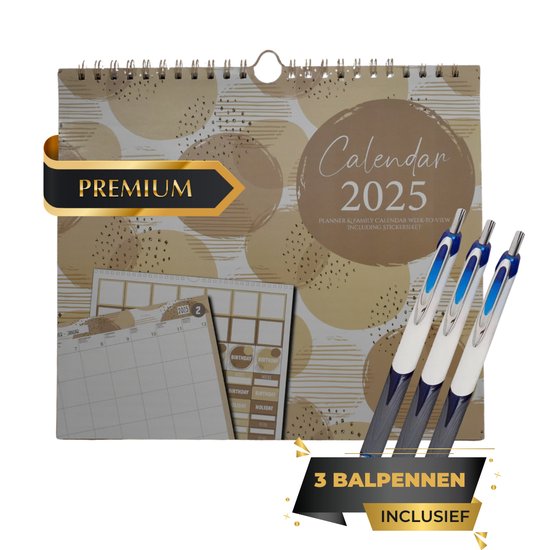 Maxenza Familieplanner 2025 - Familie planner 2025 - Familie Week Kalender 2025 – Wandkalender - Familie Planner - XXL Editie – 33 x 30 cm – Hangbaar – Inclusief 3 Balpennen – FSC®-gecertificeerd Papier - Beige