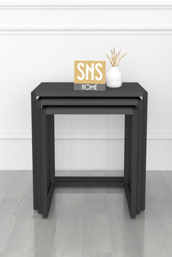 Set van 3 Houten en Metalen Bijzettafels - Perfect voor Moderne Elegantie en Functionaliteit - Salontafel - Bijzettafel - Antraciet